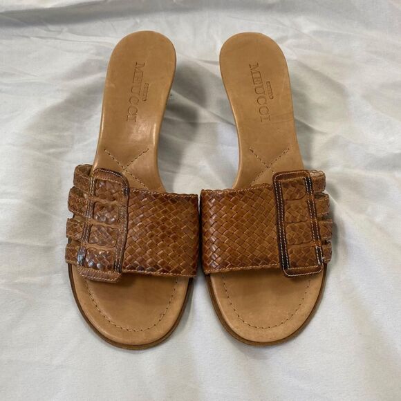 Tan Brown Braided Open Toe 90s Euro Leather Block Wedge Heels Sandals 6.5 - Picture 3 of 8